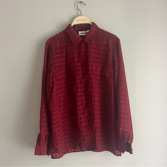 Red button up long sleeve women’s blouse top size 10 medium Liz baker - Picture 2 of 6